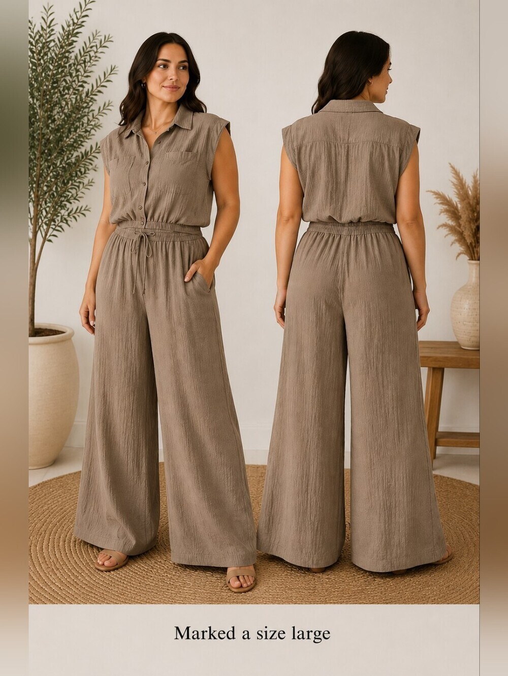 Listicle 2 Piece Wide Leg Lounge Set Taupe Size Large